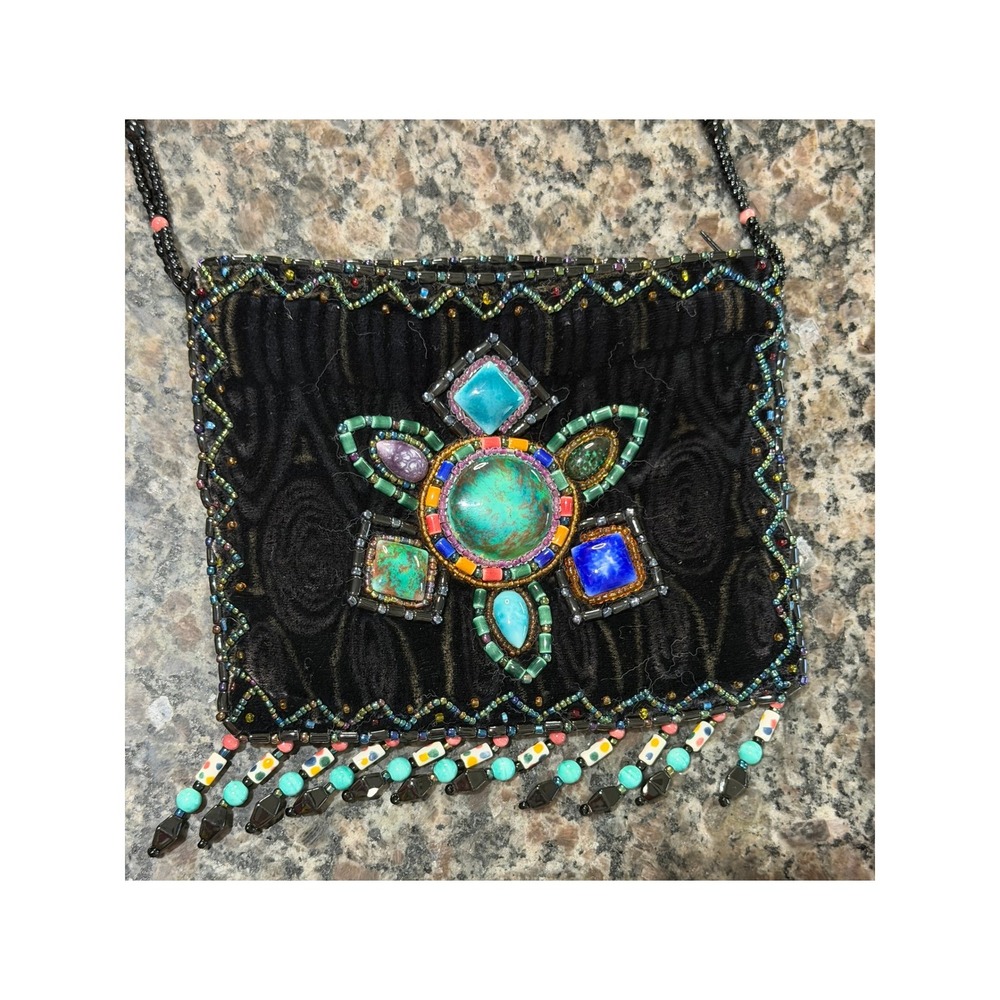 Boho Beaded Velvet‎ Crossbody Pouch Bag Turquoise Lapis Accents Black Fringe